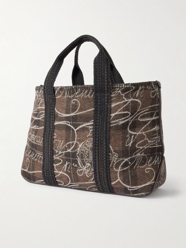 Leather-Trimmed Scritto Checked Jacquard Tote Bag - BK Leather-Trimmed Scritto Checked Jacquard Tote Bag - BK