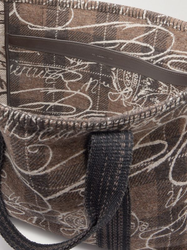 Leather-Trimmed Scritto Checked Jacquard Tote Bag - E1 Leather-Trimmed Scritto Checked Jacquard Tote Bag - E1