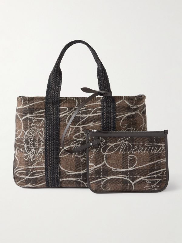 Leather-Trimmed Scritto Checked Jacquard Tote Bag - E2 Leather-Trimmed Scritto Checked Jacquard Tote Bag - E2