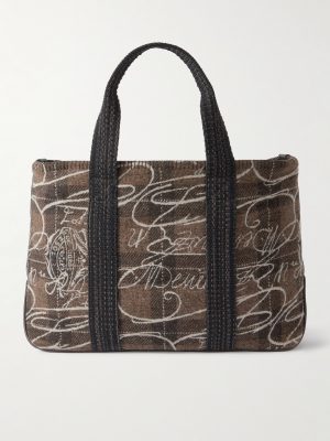Leather-Trimmed Scritto Checked Jacquard Tote Bag Leather-Trimmed Scritto Checked Jacquard Tote Bag