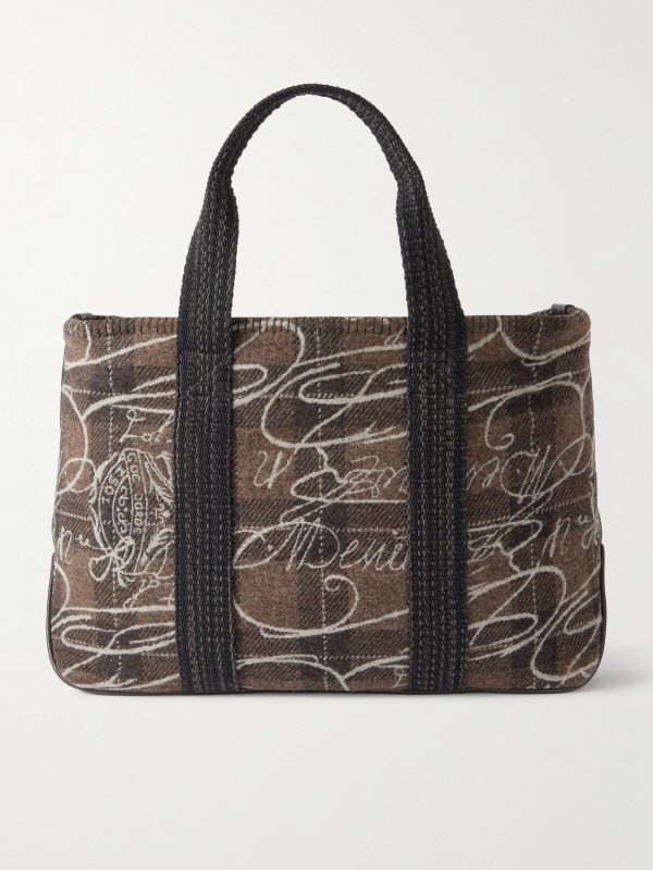 Leather-Trimmed Scritto Checked Jacquard Tote Bag Leather-Trimmed Scritto Checked Jacquard Tote Bag