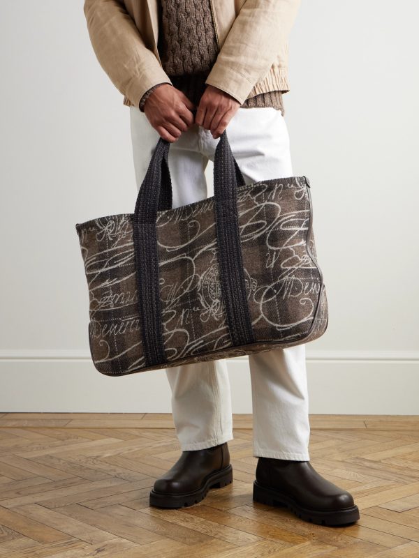 Leather-Trimmed Scritto Checked Jacquard Tote Bag - OU Leather-Trimmed Scritto Checked Jacquard Tote Bag - OU