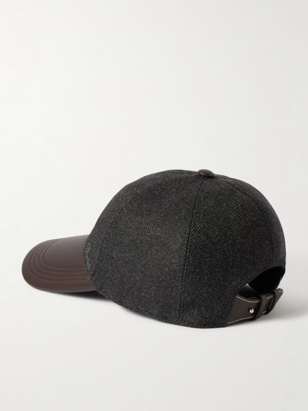 Logo-Embroidered Leather-Trimmed Wool Baseball Cap - BK