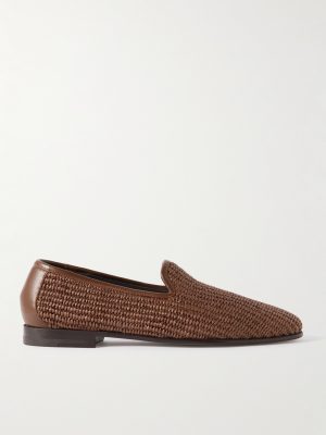 Mario Leather-Trimmed Raffia Loafers