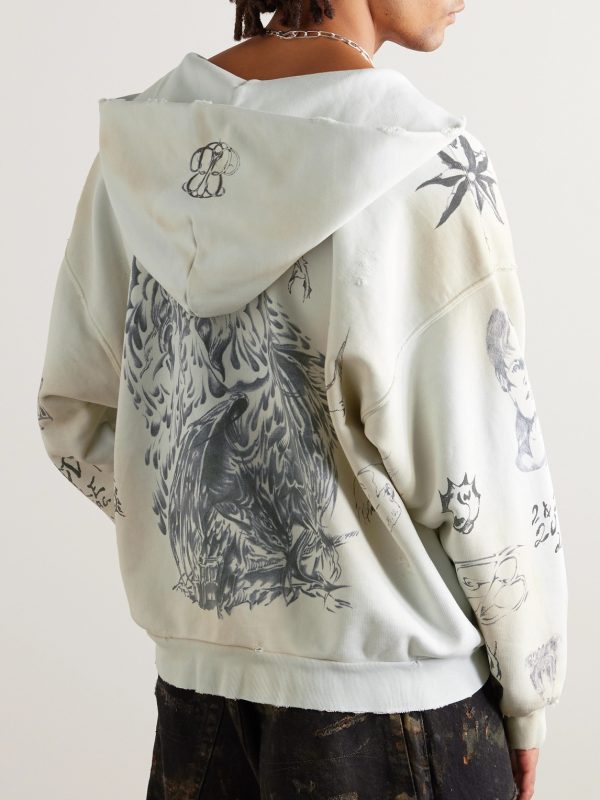 Tat Printed Distressed Cotton-Jersey Zip-Up Hoodie - BK
