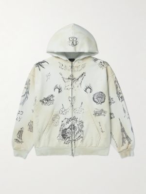 Tat Printed Distressed Cotton-Jersey Zip-Up Hoodie