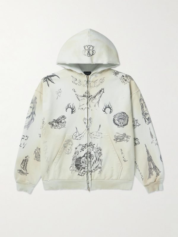 Tat Printed Distressed Cotton-Jersey Zip-Up Hoodie