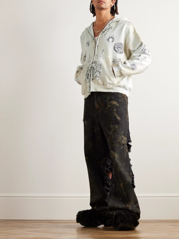 Tat Printed Distressed Cotton-Jersey Zip-Up Hoodie - OU