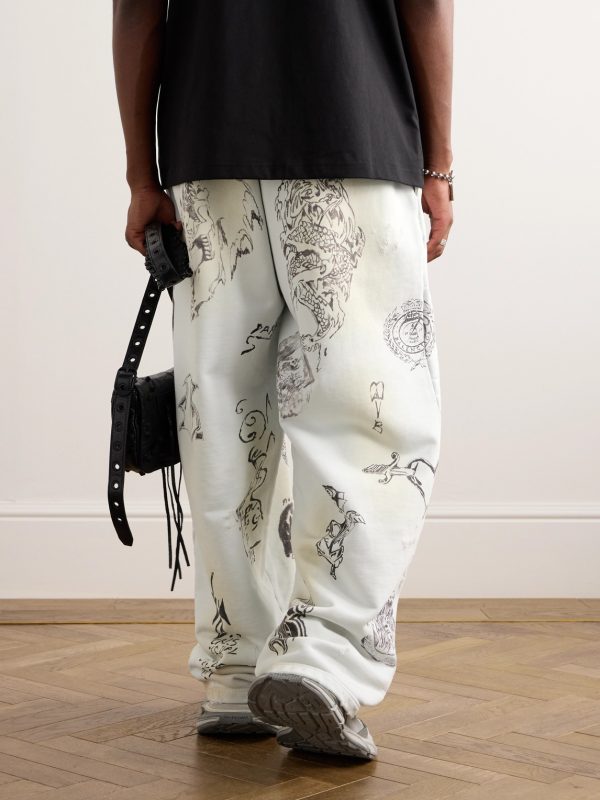 Wide-Leg Printed Distressed Cotton-Jersey Sweatpants - BK