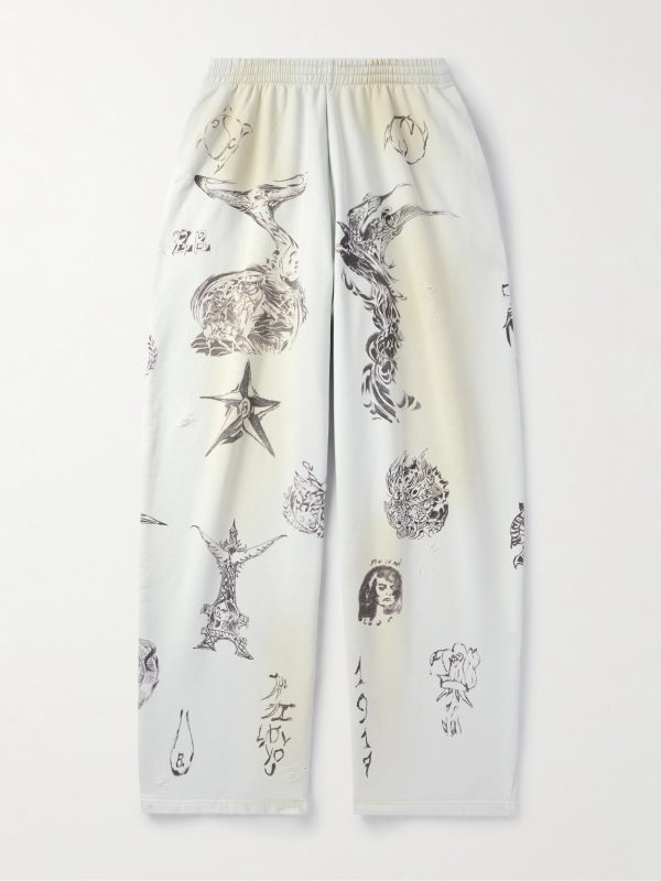 Wide-Leg Printed Distressed Cotton-Jersey Sweatpants