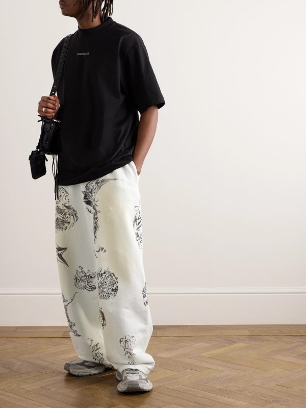 Wide-Leg Printed Distressed Cotton-Jersey Sweatpants - OU