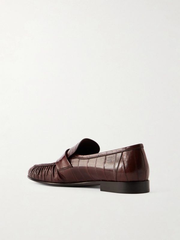 Soft Gathered Textured Leather Loafers - BK Soft Gathered Textured Leather Loafers - BK