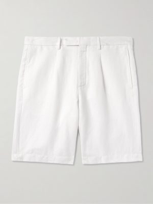 Straight-Leg Pleated Herringbone Cotton and Linen-Blend Shorts