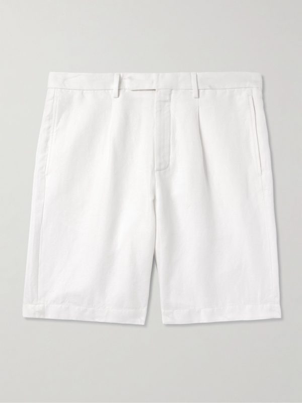 Straight-Leg Pleated Herringbone Cotton and Linen-Blend Shorts Straight-Leg Pleated Herringbone Cotton and Linen-Blend Shorts