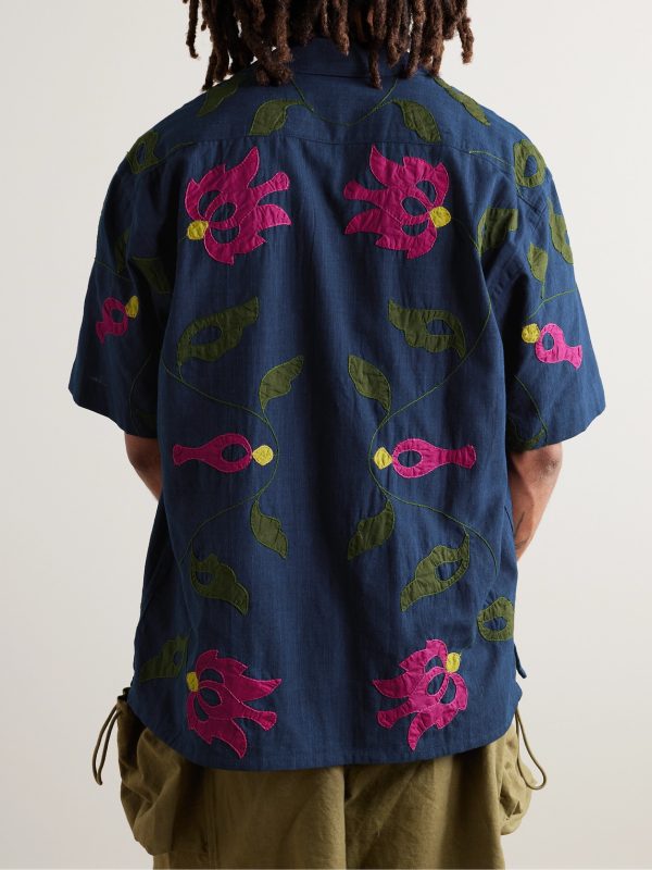 Convertible-Collar Appliquéd Embroidered Cotton Shirt - BK