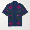 Convertible-Collar Appliquéd Embroidered Cotton Shirt