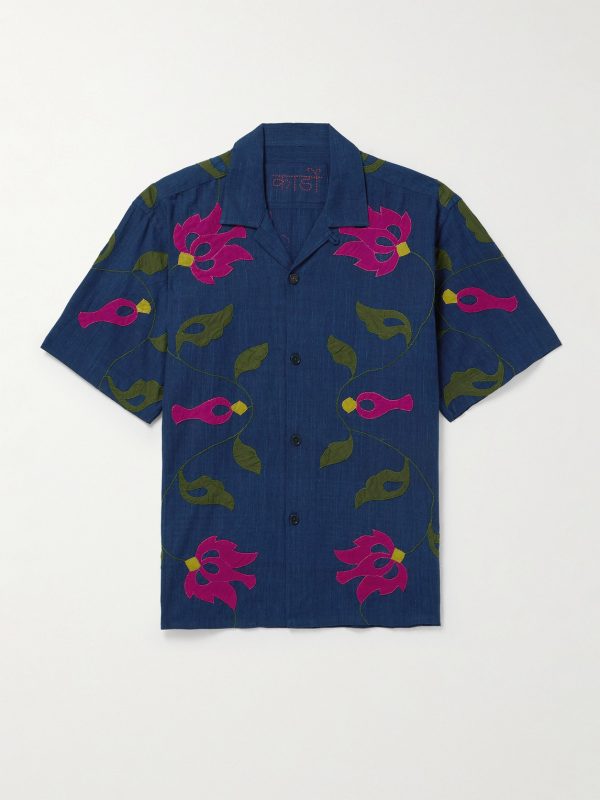 Convertible-Collar Appliquéd Embroidered Cotton Shirt