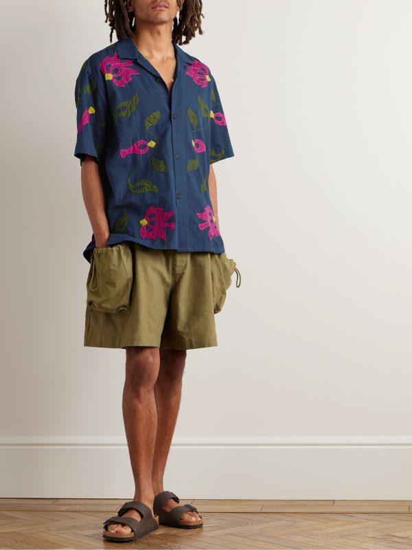 Convertible-Collar Appliquéd Embroidered Cotton Shirt - OU