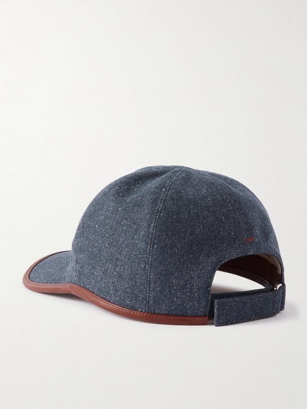 Leather-Trimmed Logo-Embroidered Denim Baseball Cap - BK Leather-Trimmed Logo-Embroidered Denim Baseball Cap - BK