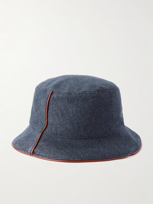 Leather-Trimmed Logo-Embroidered Denim Bucket Hat - BK