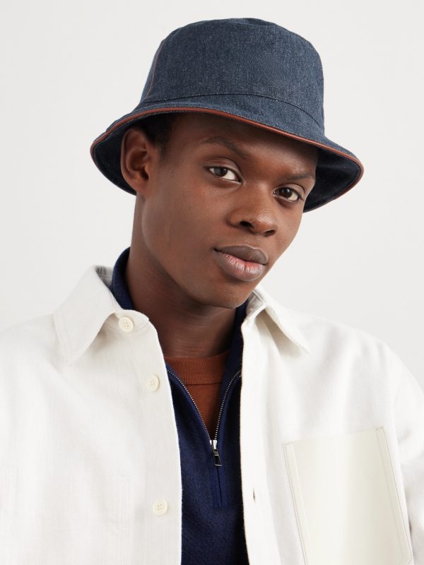 Leather-Trimmed Logo-Embroidered Denim Bucket Hat - OU