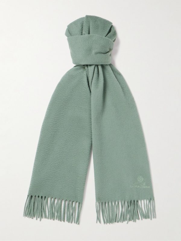 Logo-Embroidered Fringed Cashmere Scarf