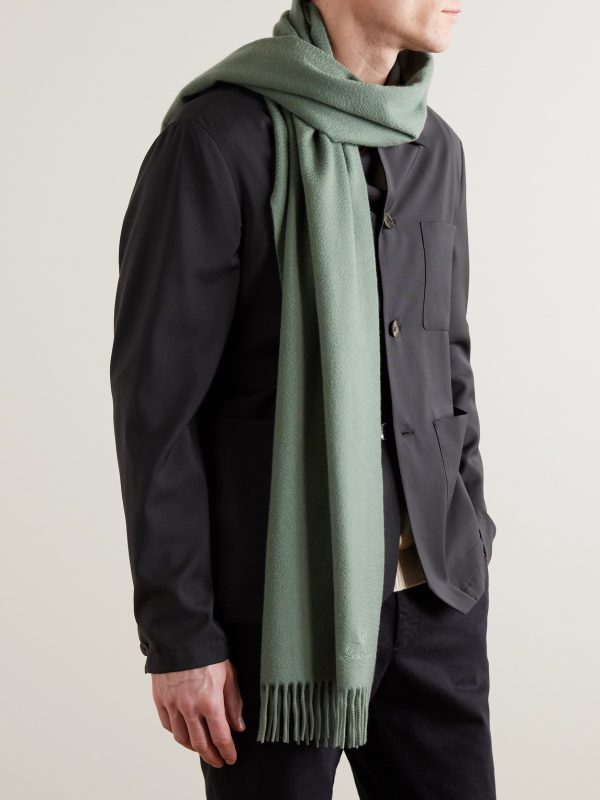 Logo-Embroidered Fringed Cashmere Scarf - OU