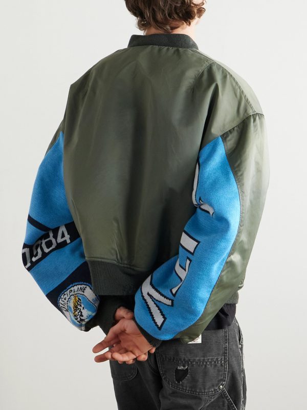 Distressed Padded Jacquard-Panelled Nylon Bomber Jacket - BK Distressed Padded Jacquard-Panelled Nylon Bomber Jacket - BK