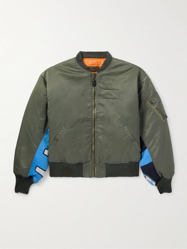 Distressed Padded Jacquard-Panelled Nylon Bomber Jacket Distressed Padded Jacquard-Panelled Nylon Bomber Jacket