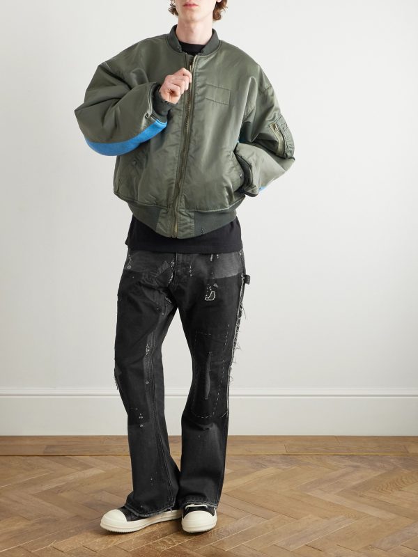 Distressed Padded Jacquard-Panelled Nylon Bomber Jacket - OU Distressed Padded Jacquard-Panelled Nylon Bomber Jacket - OU
