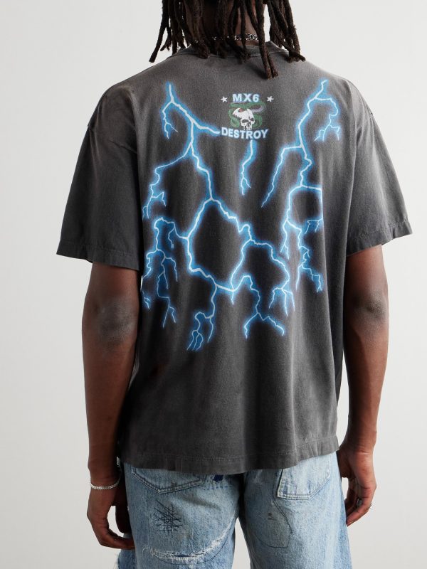 Skull & Thunderbolt Distressed Printed Cotton-Jersey T-Shirt - BK Skull & Thunderbolt Distressed Printed Cotton-Jersey T-Shirt - BK