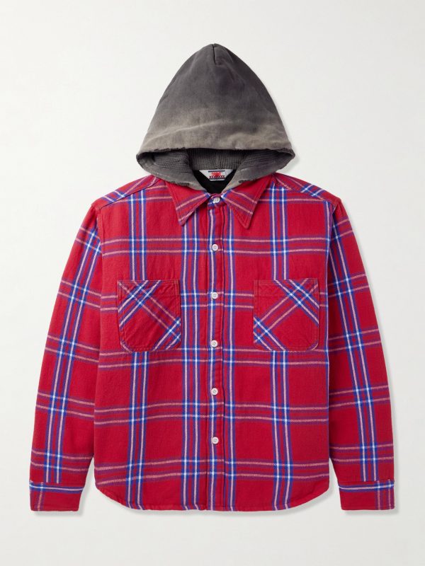 Jersey-Trimmed Padded Checked Cotton-Flannel Hooded Overshirt Jersey-Trimmed Padded Checked Cotton-Flannel Hooded Overshirt