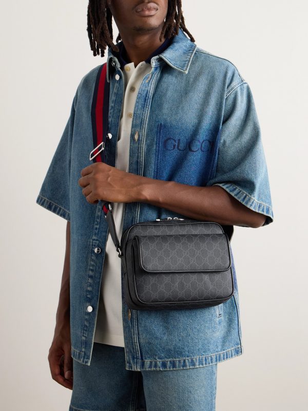 Small Leather-Trimmed Monogrammed Coated-Canvas Messenger Bag - OU Small Leather-Trimmed Monogrammed Coated-Canvas Messenger Bag - OU
