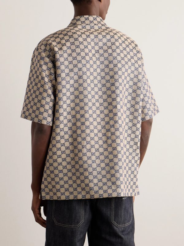 Camp-Collar Logo-Jacquard Linen-Blend Shirt - BK
