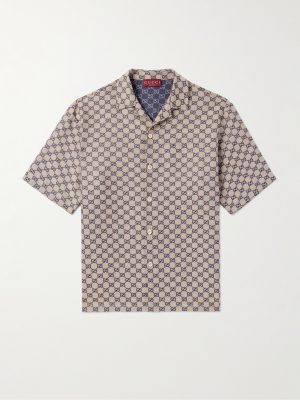 Camp-Collar Logo-Jacquard Linen-Blend Shirt