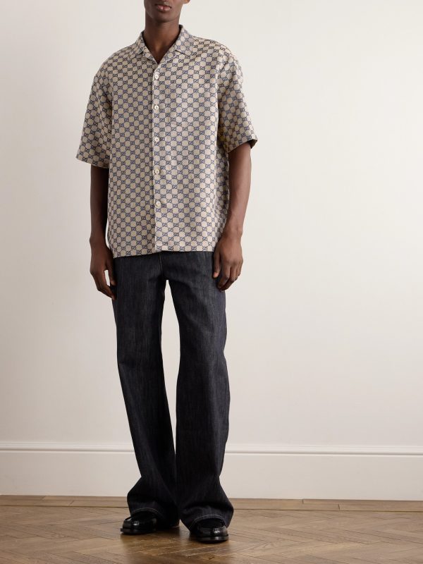 Camp-Collar Logo-Jacquard Linen-Blend Shirt - OU