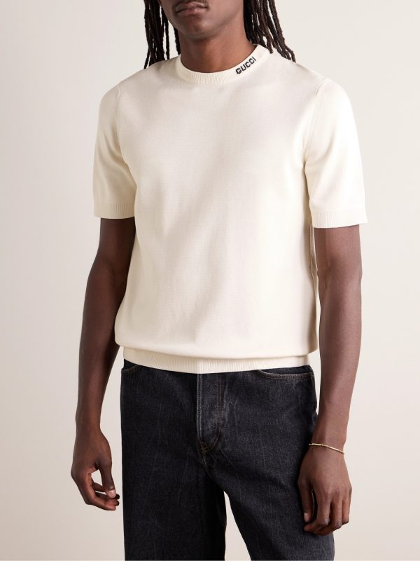 Logo-Intarsia Silk and Cotton-Blend T-Shirt - FR Logo-Intarsia Silk and Cotton-Blend T-Shirt - FR