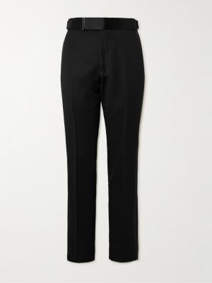 Straight-Leg Belted Satin-Trimmed Wool and Mohair-Blend Tuxedo Trousers