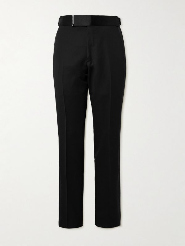 Straight-Leg Belted Satin-Trimmed Wool and Mohair-Blend Tuxedo Trousers Straight-Leg Belted Satin-Trimmed Wool and Mohair-Blend Tuxedo Trousers