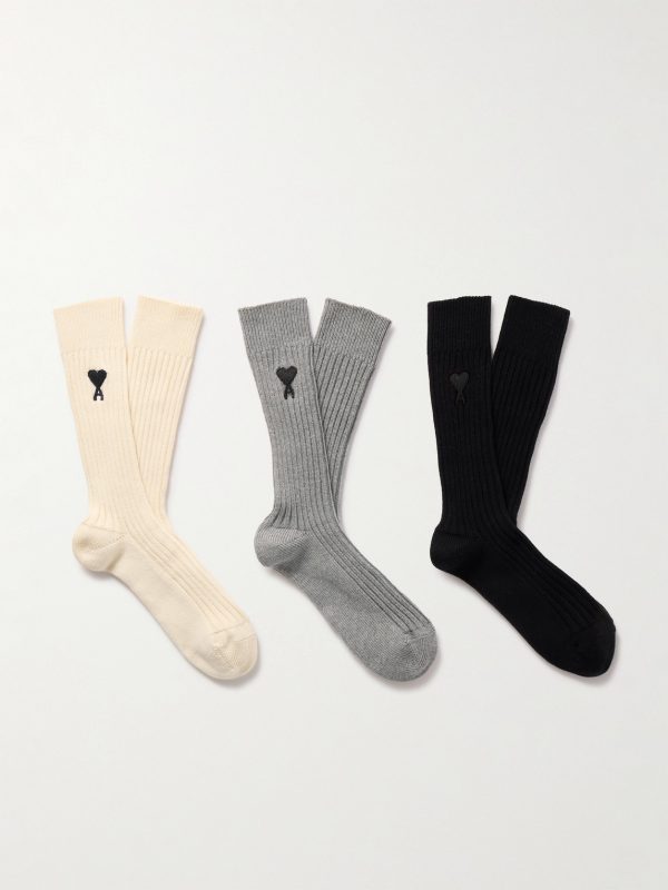 Three-Pack Logo-Embroidered Ribbed Cotton-Blend Socks Three-Pack Logo-Embroidered Ribbed Cotton-Blend Socks