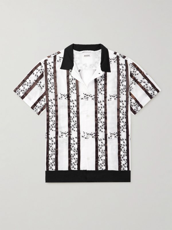 Camp-Collar Satin-Trimmed Embroidered Cotton-Voile Shirt