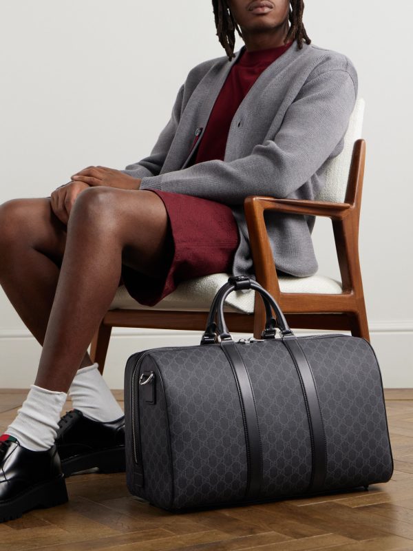 GG Leather-Trimmed Monogrammed Supreme Coated-Canvas Duffle Bag - OU GG Leather-Trimmed Monogrammed Supreme Coated-Canvas Duffle Bag - OU