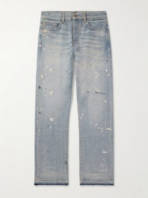 Straight-Leg Frayed Paint-Splattered Jeans