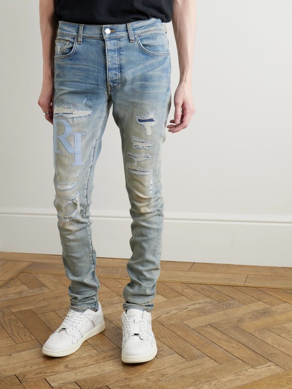Slim-Fit Straight-Leg Logo-Appliquéd Panelled Distressed Jeans - FR Slim-Fit Straight-Leg Logo-Appliquéd Panelled Distressed Jeans - FR