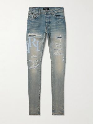 Slim-Fit Straight-Leg Logo-Appliquéd Panelled Distressed Jeans