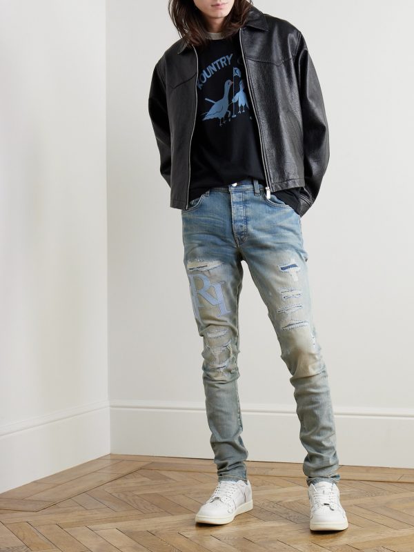 Slim-Fit Straight-Leg Logo-Appliquéd Panelled Distressed Jeans - OU Slim-Fit Straight-Leg Logo-Appliquéd Panelled Distressed Jeans - OU