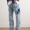 Straight-Leg Logo-Appliquéd Distressed Embroidered Jeans - BK Straight-Leg Logo-Appliquéd Distressed Embroidered Jeans - BK