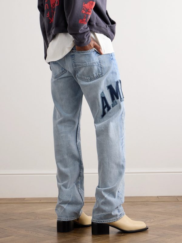 Straight-Leg Logo-Appliquéd Distressed Embroidered Jeans - BK Straight-Leg Logo-Appliquéd Distressed Embroidered Jeans - BK