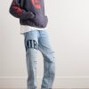 Straight-Leg Logo-Appliquéd Distressed Embroidered Jeans - OU Straight-Leg Logo-Appliquéd Distressed Embroidered Jeans - OU