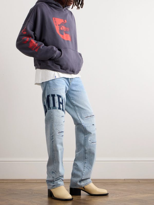 Straight-Leg Logo-Appliquéd Distressed Embroidered Jeans - OU Straight-Leg Logo-Appliquéd Distressed Embroidered Jeans - OU